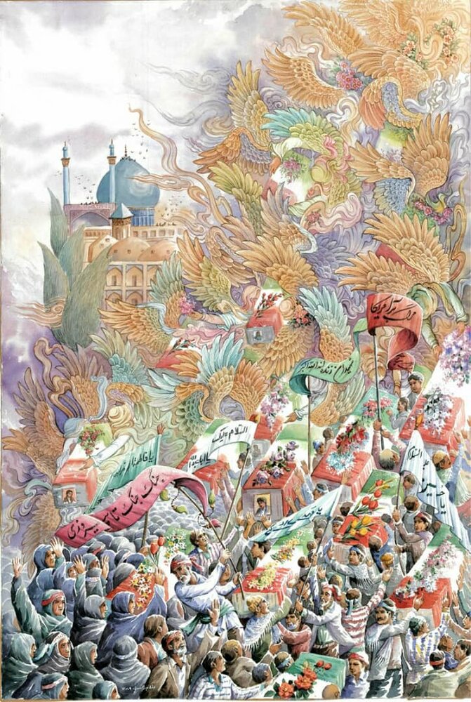 نقاشی دفاع مقدس ( تشییع 370 شهید در اصفهان )